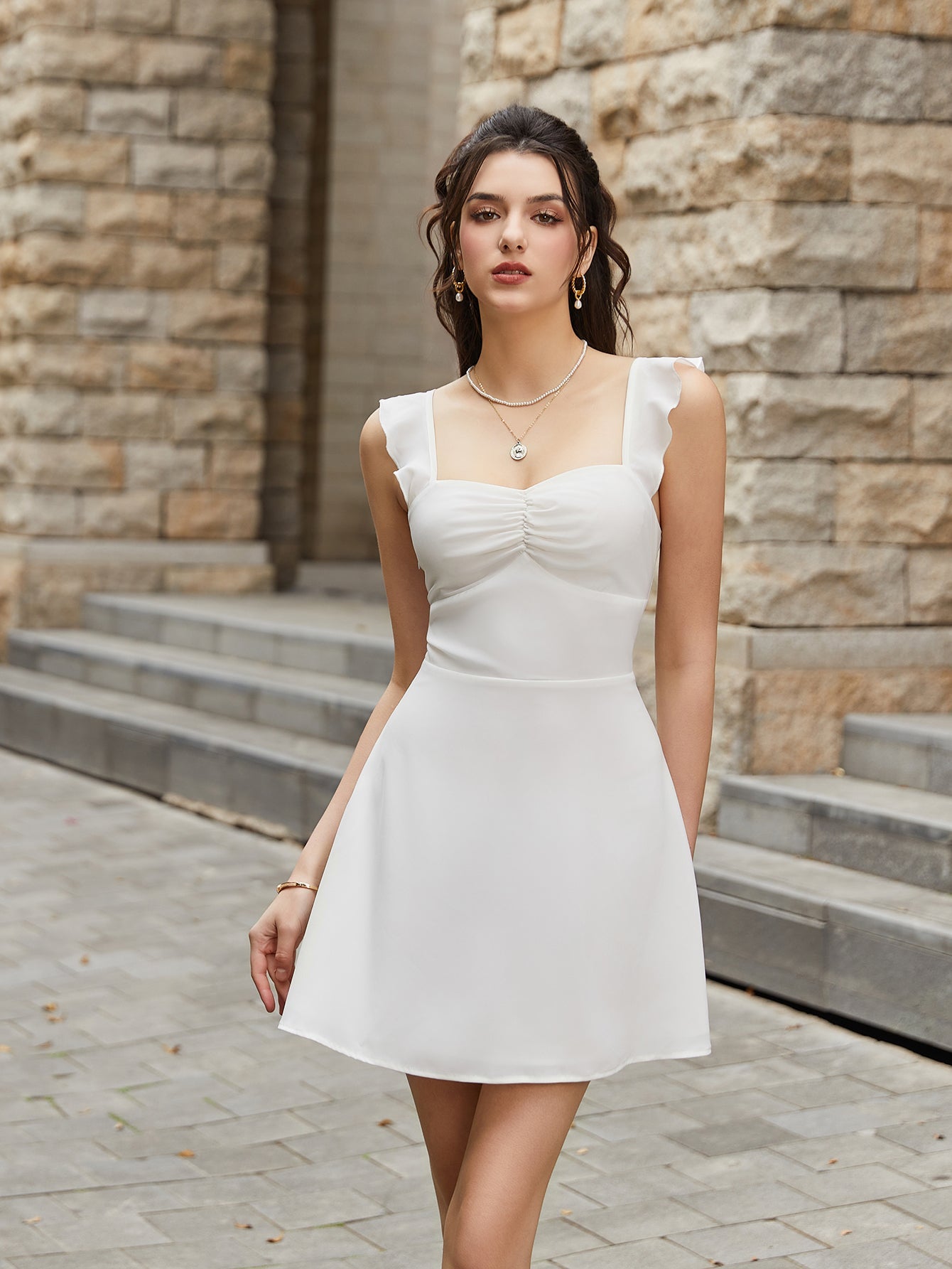 Fly Sleeve Ruched Bust Crisscross Tie Back Dress