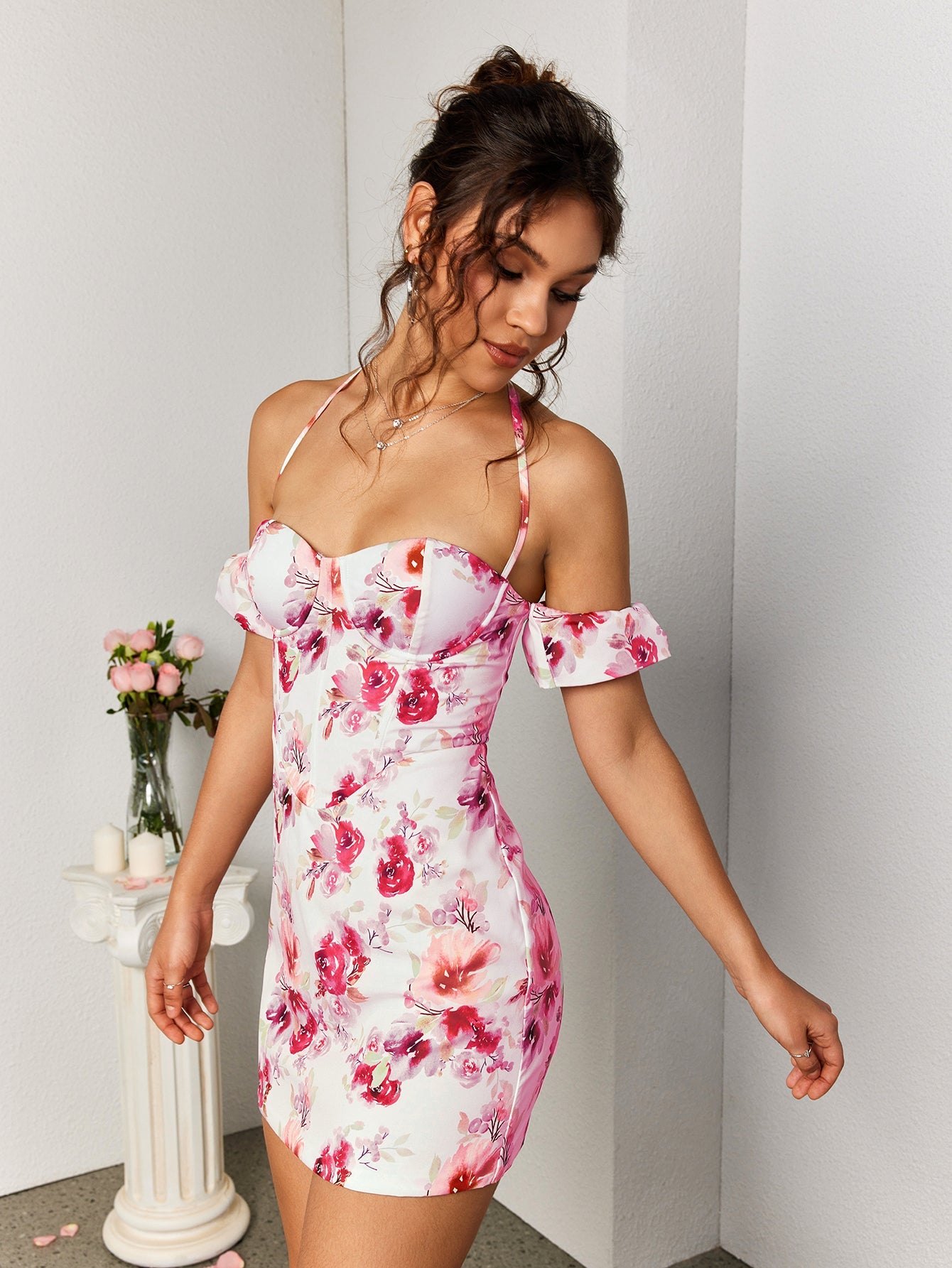 Halter Corset Floral Mini Dress