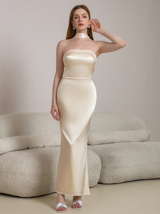 Halter Draped Back Satin Bodycon Prom Dress