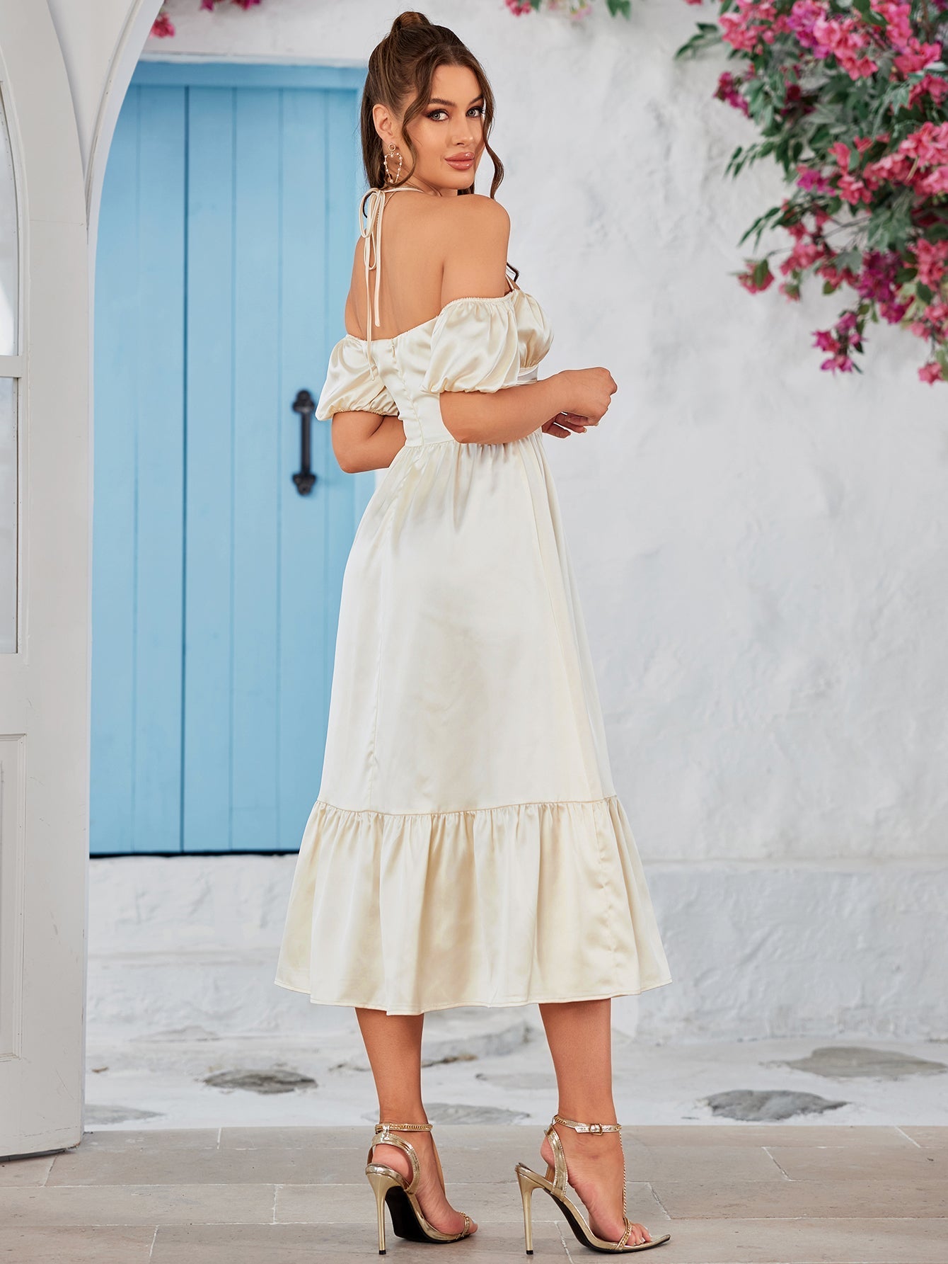 Halter Off Shoulder Corset Satin Midi Dress