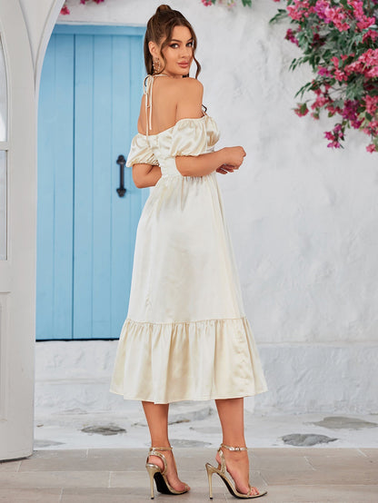 Halter Off Shoulder Corset Satin Midi Dress