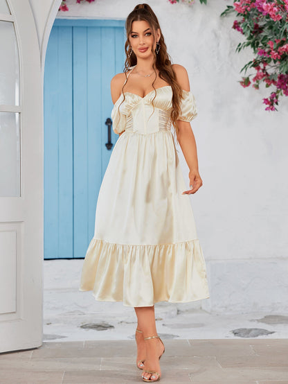 Halter Off Shoulder Corset Satin Midi Dress