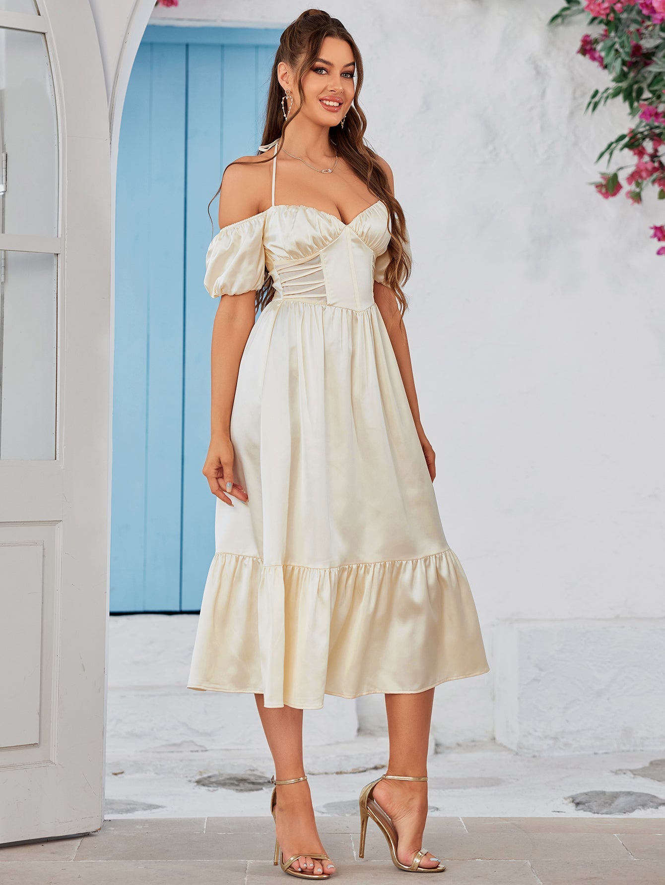 Halter Off Shoulder Corset Satin Midi Dress