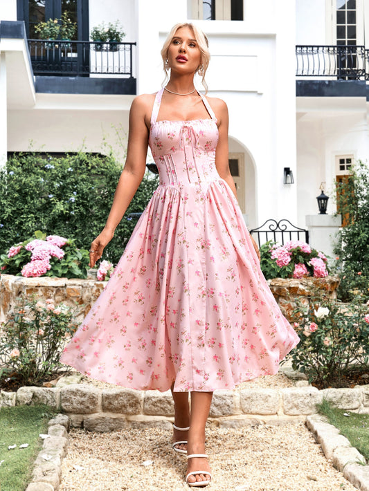 Halter Tie Smocking Floral Print Bodycon Dress