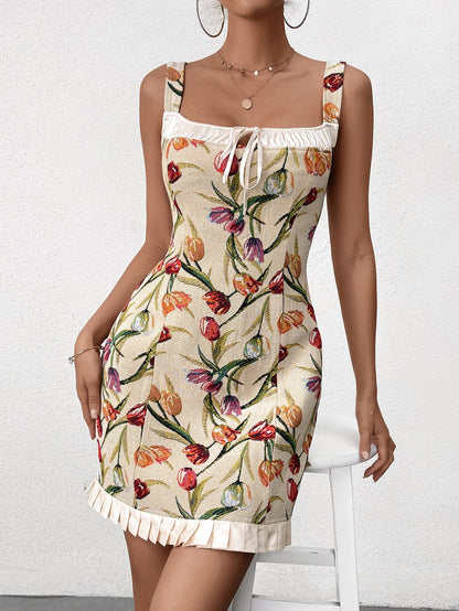 Jacquard Tie Front Ruffle Hem Bodycon Dress