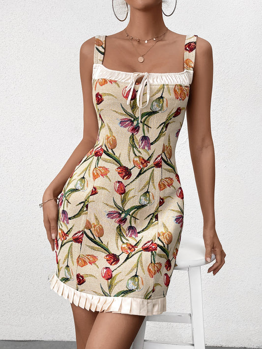 Jacquard Tie Front Ruffle Hem Bodycon Dress