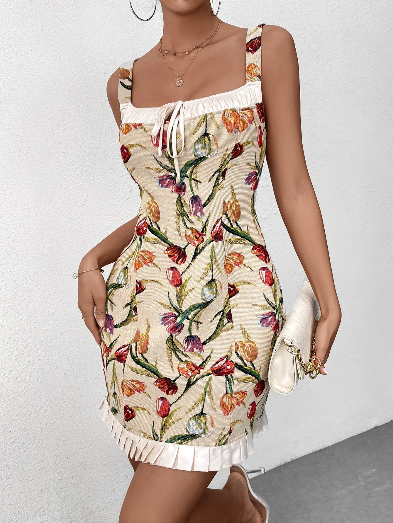 Jacquard Tie Front Ruffle Hem Bodycon Dress