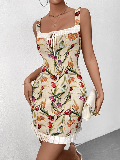 Jacquard Tie Front Ruffle Hem Bodycon Dress