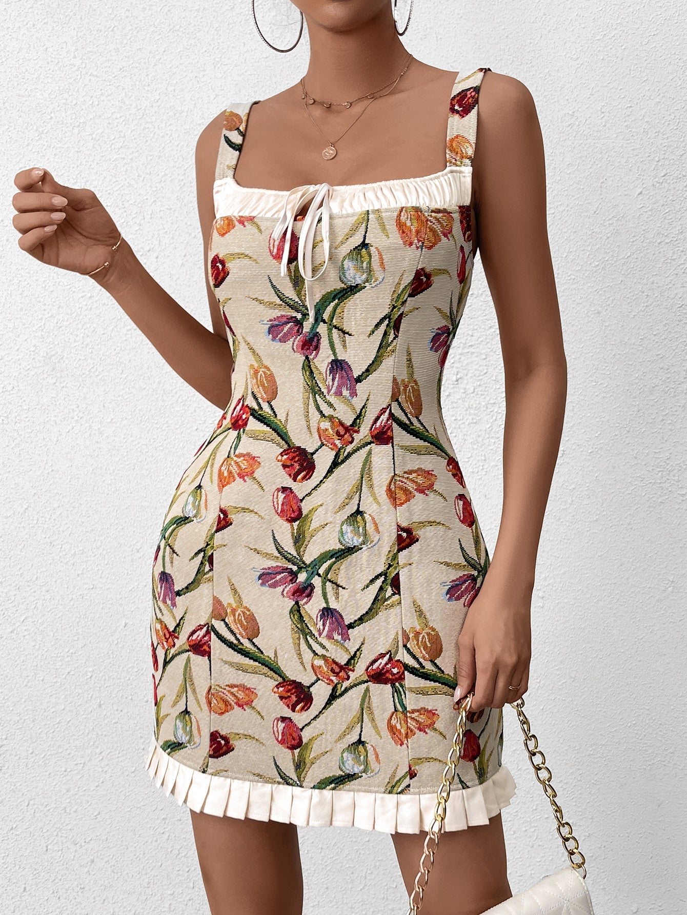 Jacquard Tie Front Ruffle Hem Bodycon Dress