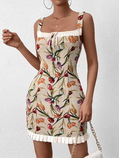 Jacquard Tie Front Ruffle Hem Bodycon Dress