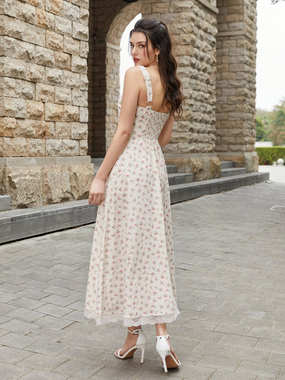 Lace Spliced Tie Front Floral Print Maxi Dress