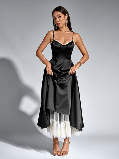 Lace Trim Corset Flared Hem Maxi Dress