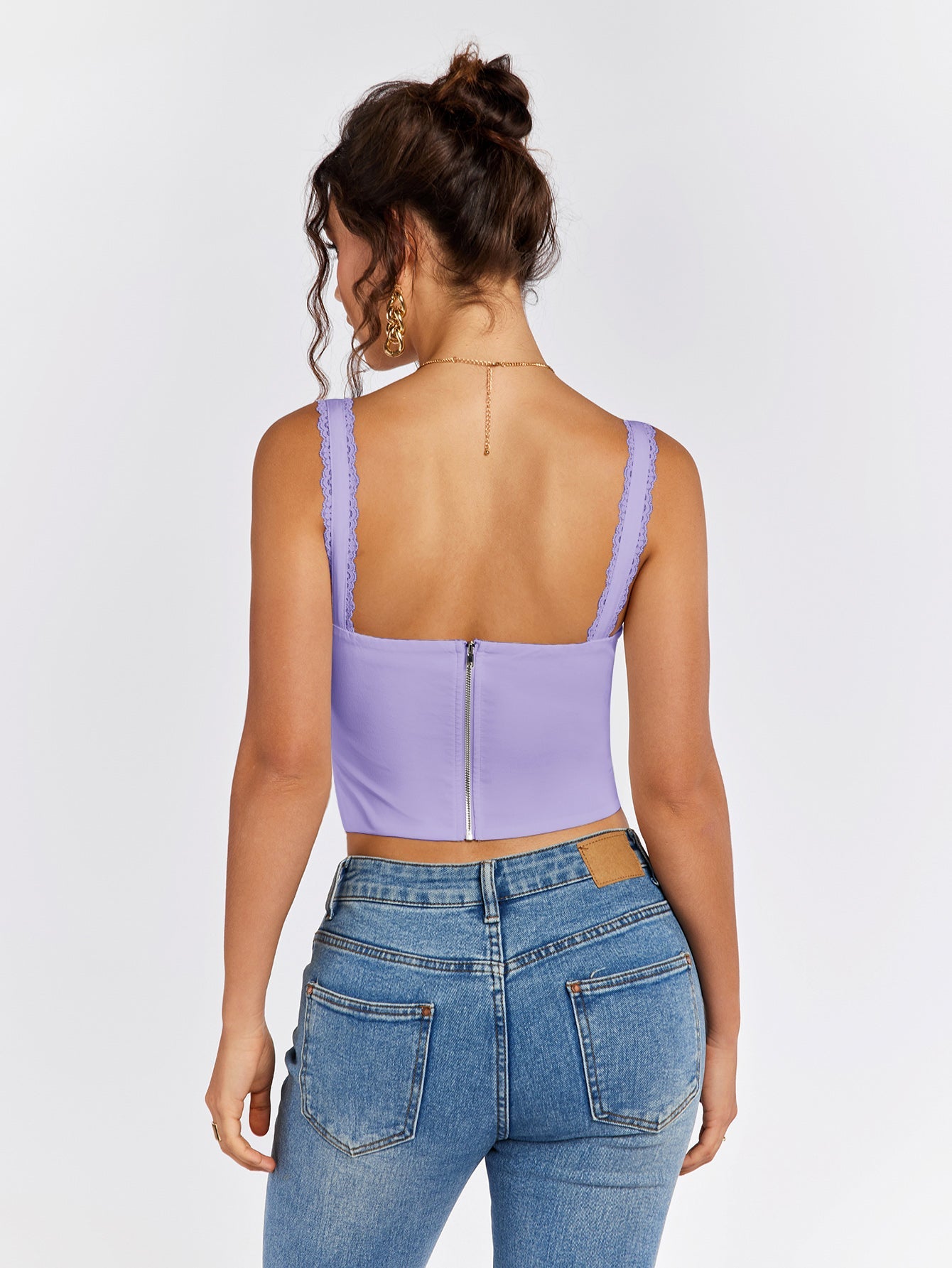 Lace Trim Ruched Bust Tie Front Tank Top