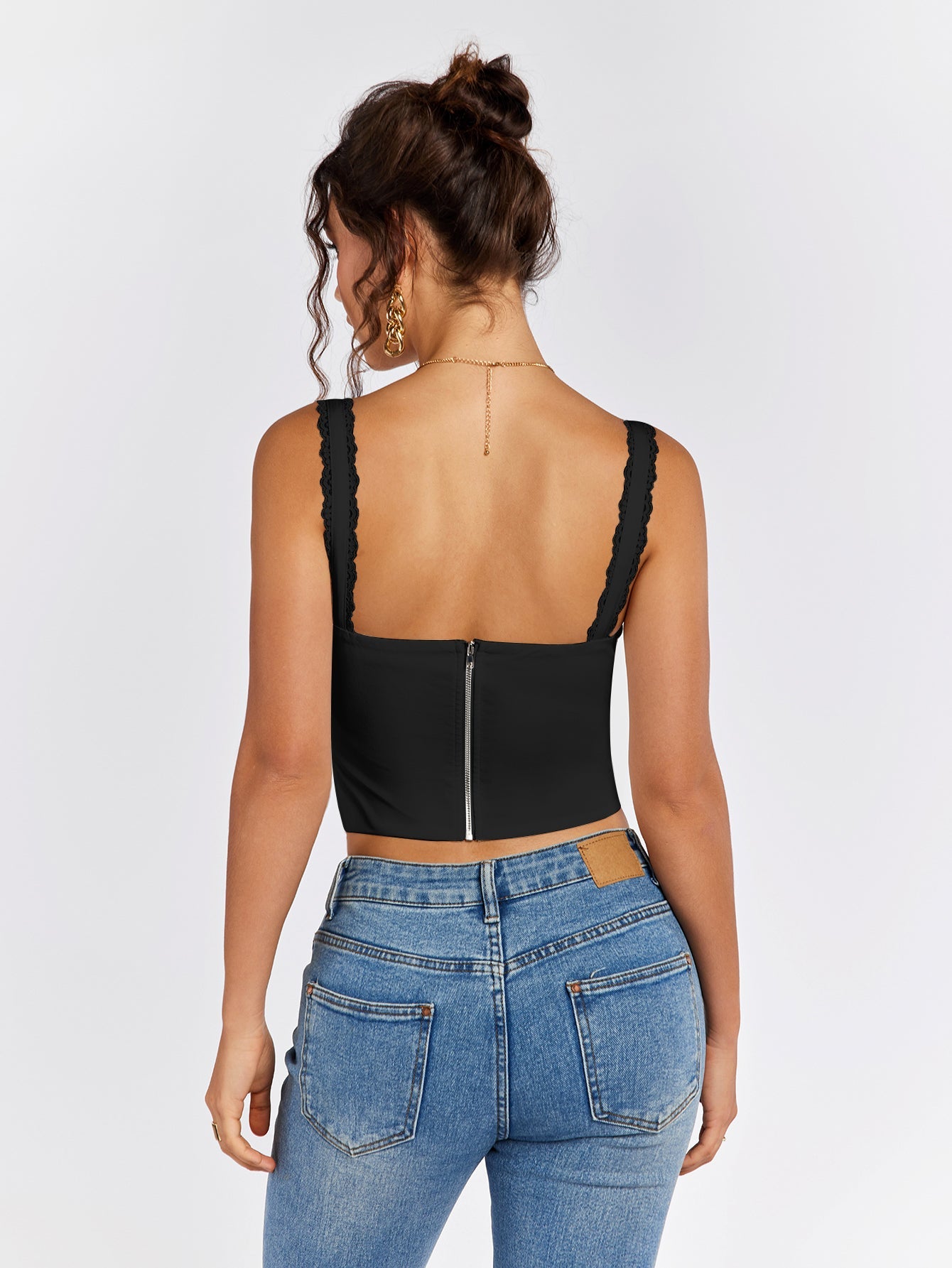Lace Trim Ruched Bust Tie Front Tank Top