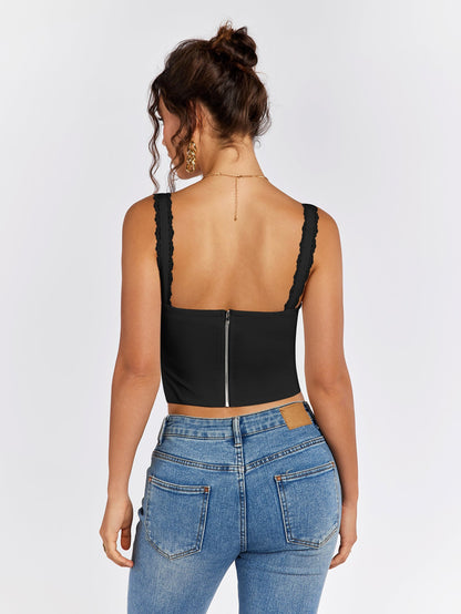 Lace Trim Ruched Bust Tie Front Tank Top