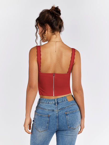 Lace Trim Ruched Bust Tie Front Tank Top