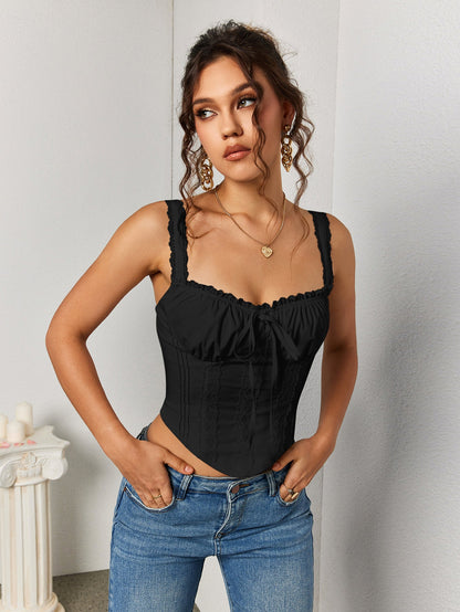 Lace Trim Ruched Bust Tie Front Tank Top