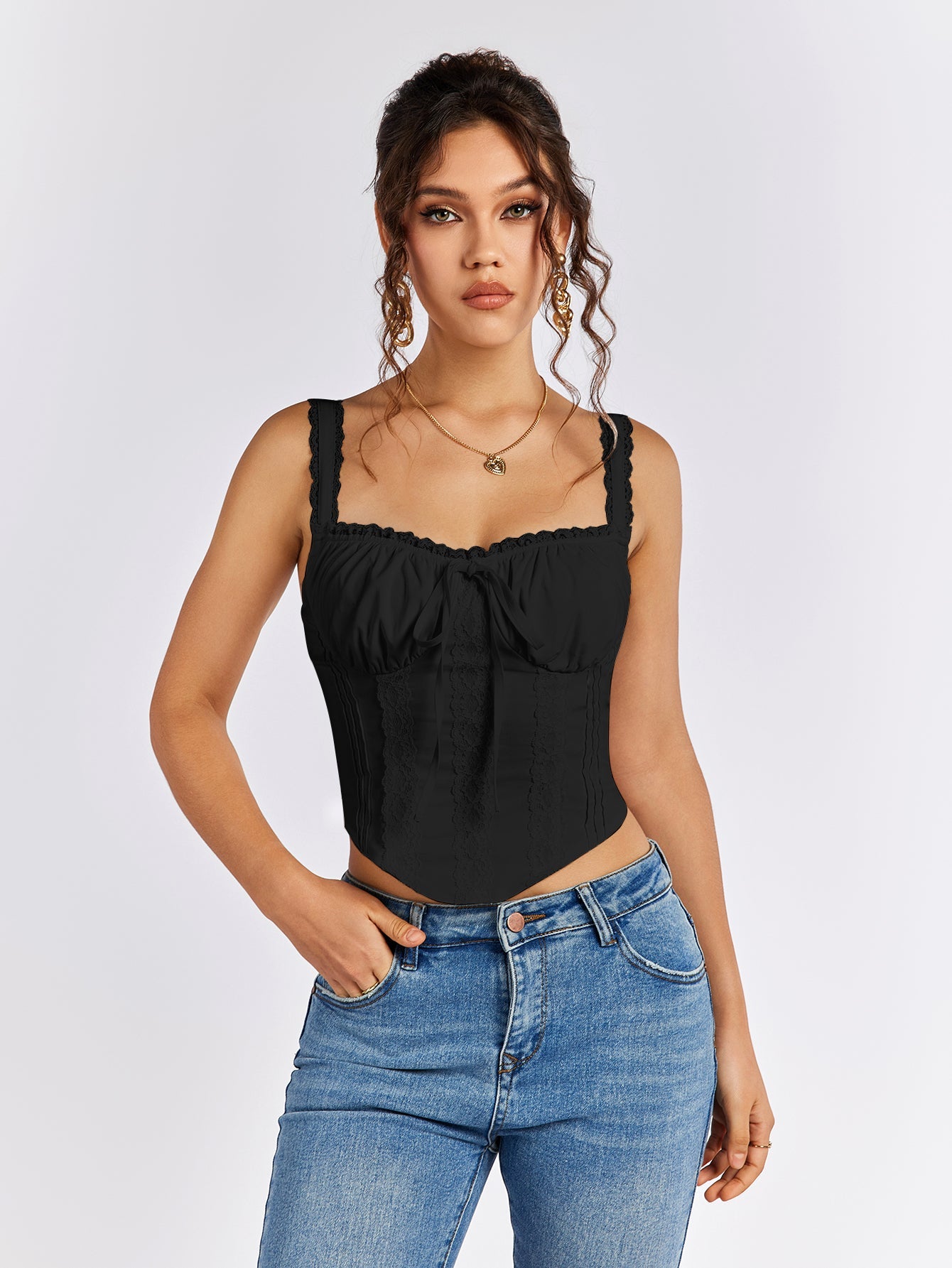 Lace Trim Ruched Bust Tie Front Tank Top