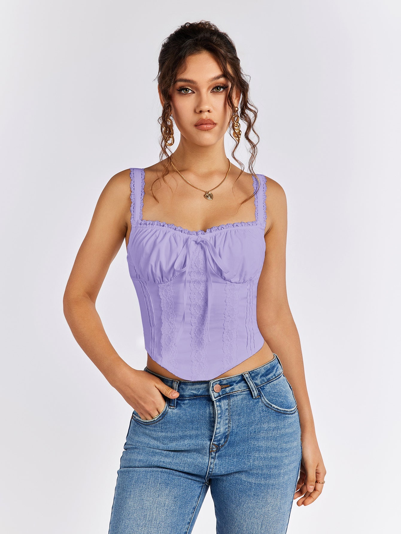 Lace Trim Ruched Bust Tie Front Tank Top