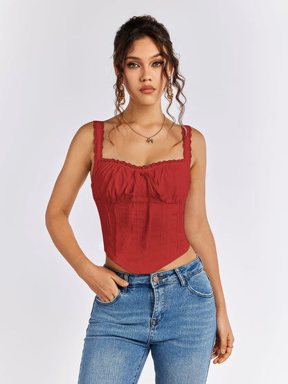 Lace Trim Ruched Bust Tie Front Tank Top