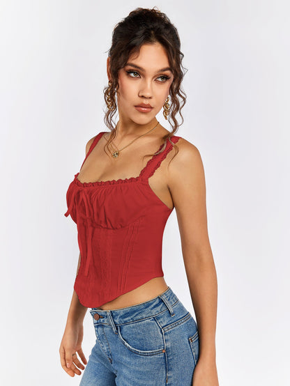 Lace Trim Ruched Bust Tie Front Tank Top