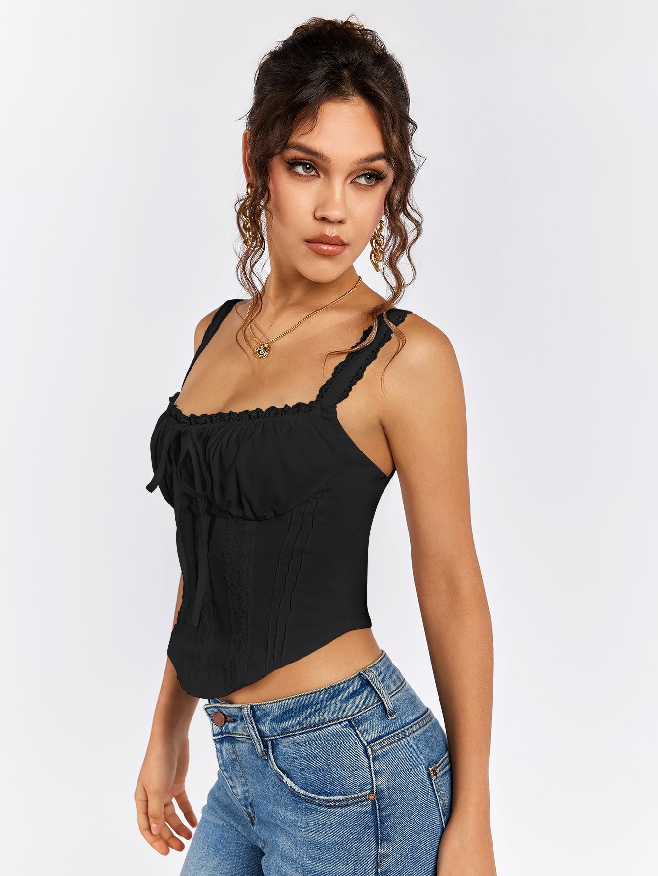 Lace Trim Ruched Bust Tie Front Tank Top