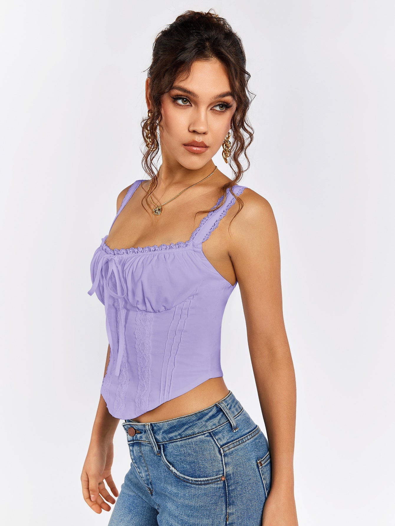 Lace Trim Ruched Bust Tie Front Tank Top