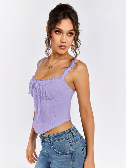 Lace Trim Ruched Bust Tie Front Tank Top