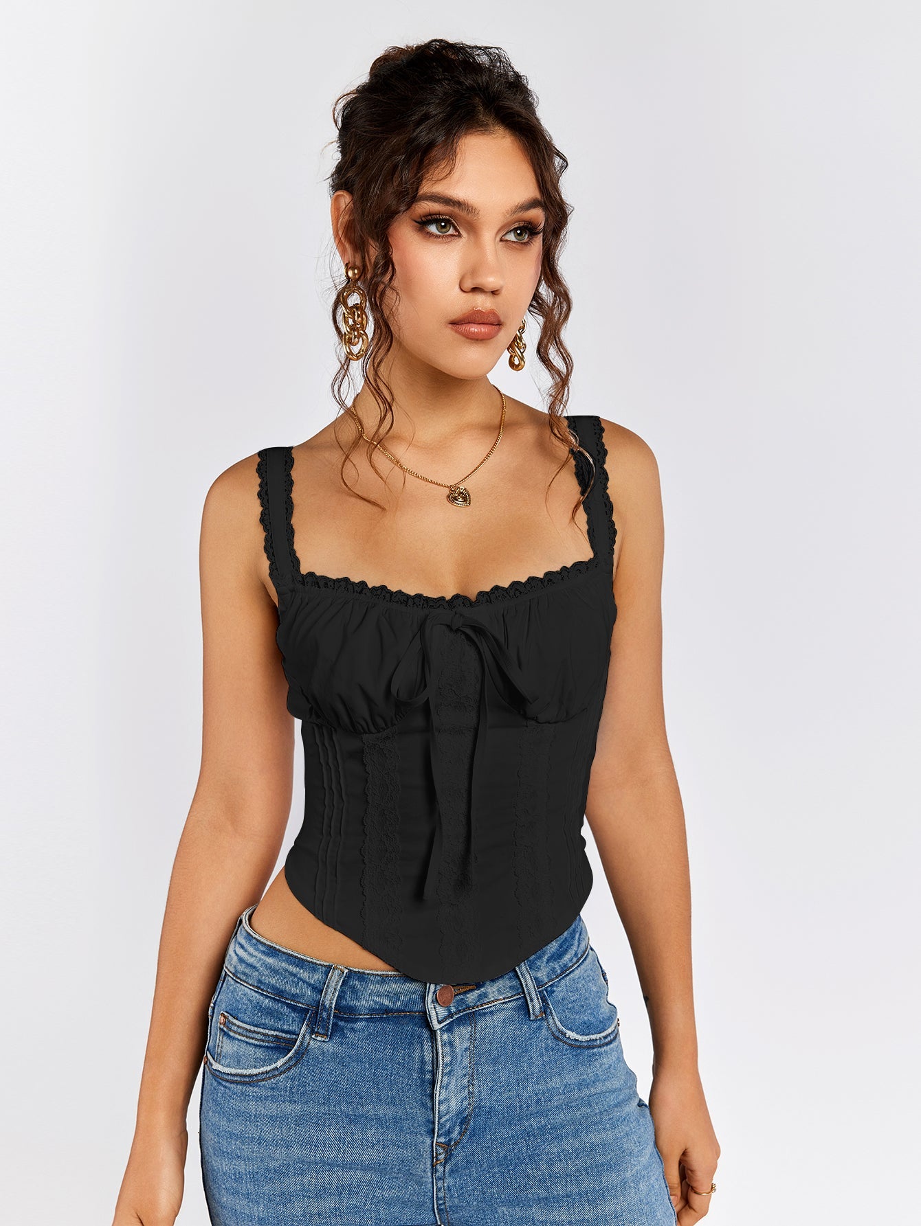 Lace Trim Ruched Bust Tie Front Tank Top