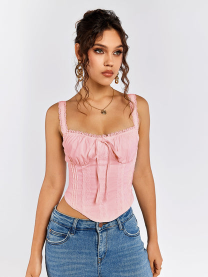 Lace Trim Ruched Bust Tie Front Tank Top