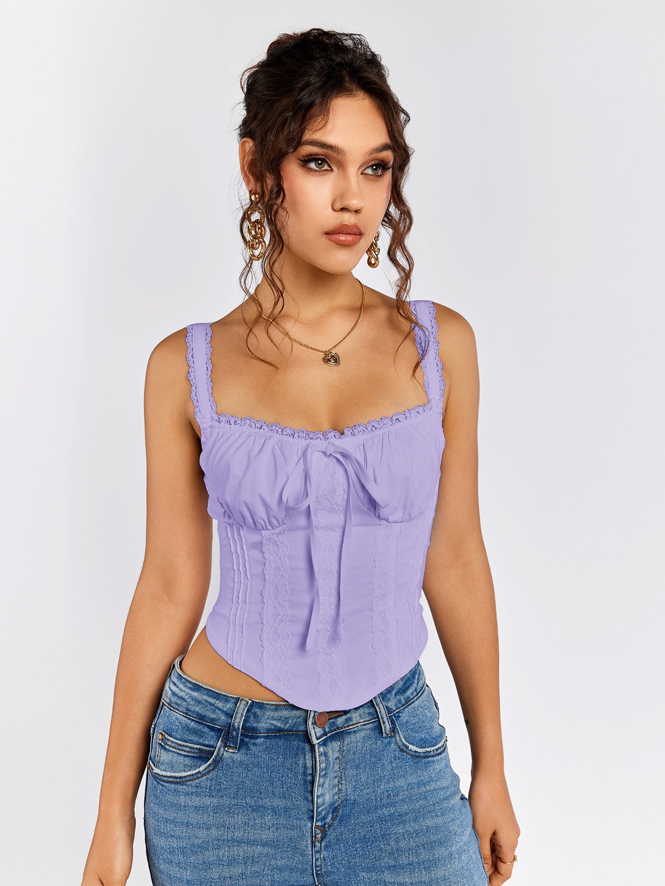 Lace Trim Ruched Bust Tie Front Tank Top