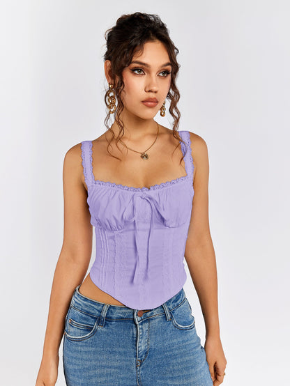 Lace Trim Ruched Bust Tie Front Tank Top