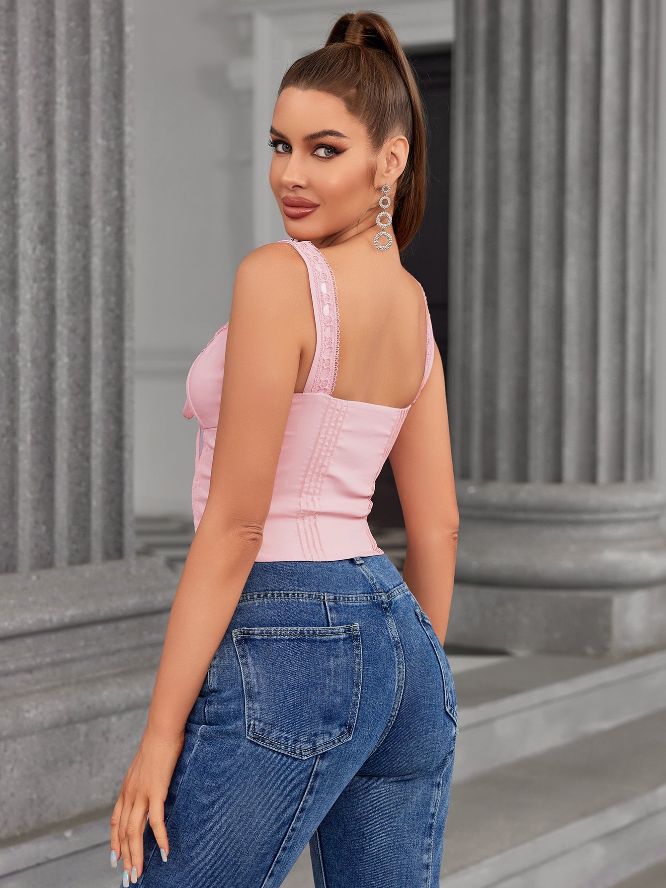 Lace Trim Tie Front Pleat Tank Top
