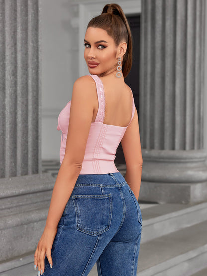 Lace Trim Tie Front Pleat Tank Top