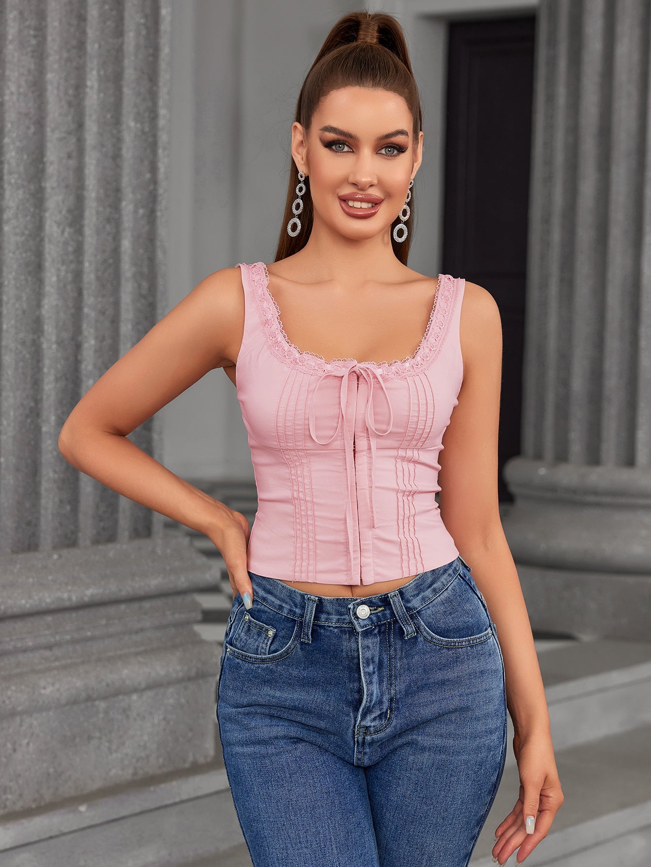 Lace Trim Tie Front Pleat Tank Top