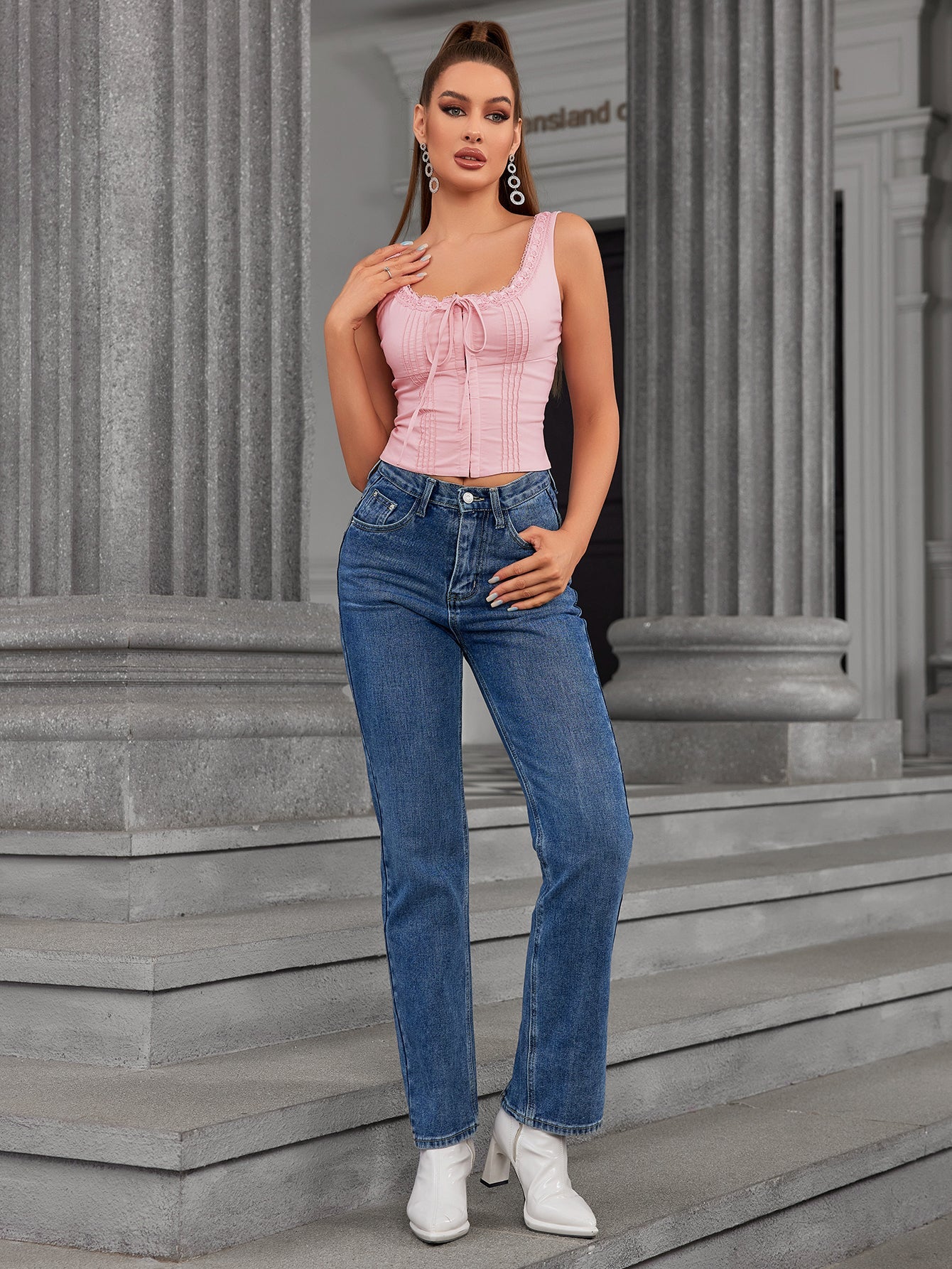 Lace Trim Tie Front Pleat Tank Top