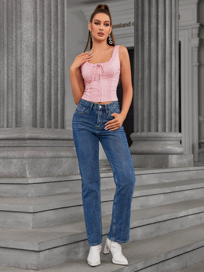 Lace Trim Tie Front Pleat Tank Top