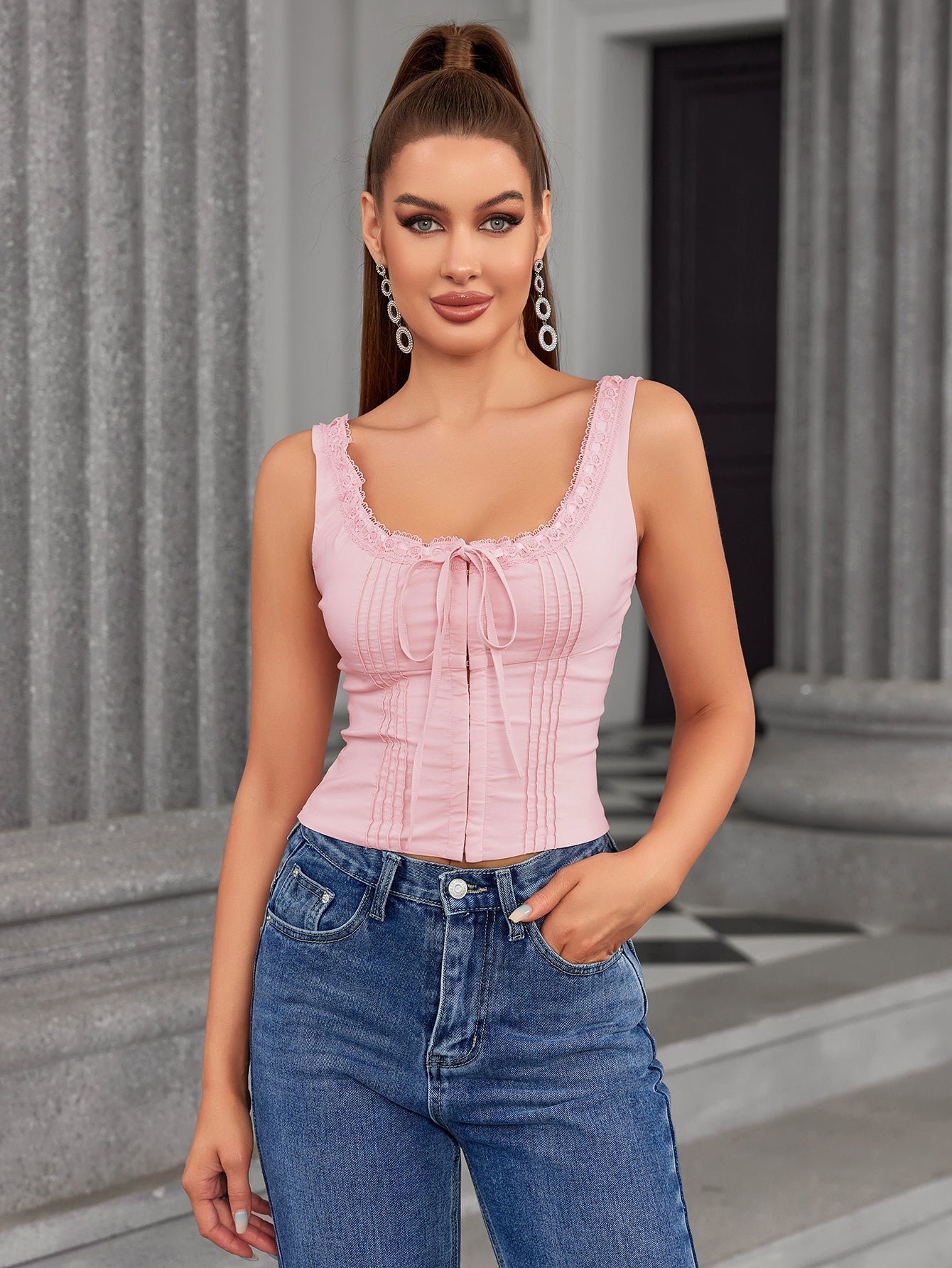 Lace Trim Tie Front Pleat Tank Top
