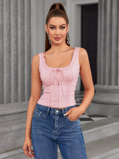 Lace Trim Tie Front Pleat Tank Top