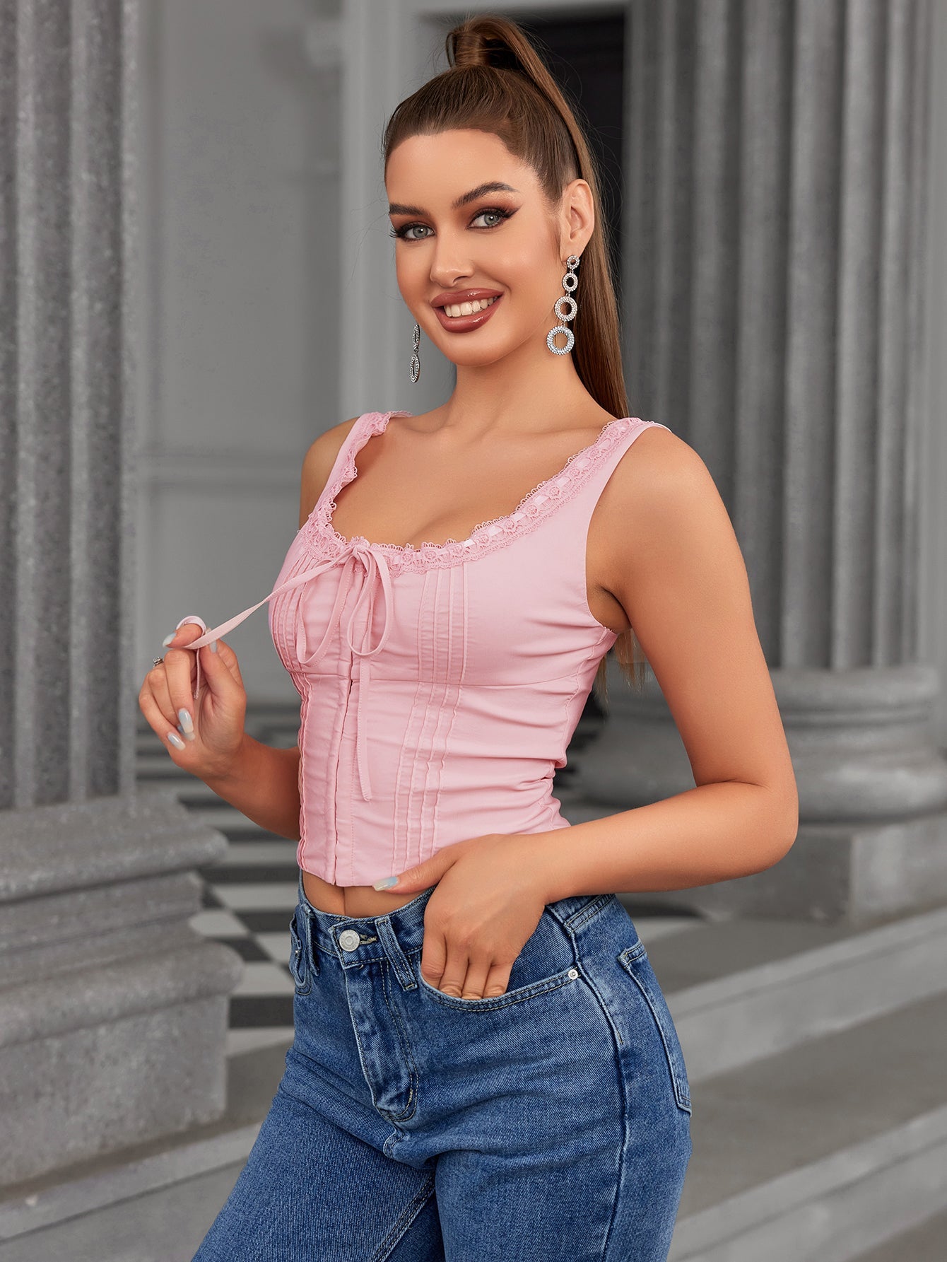 Lace Trim Tie Front Pleat Tank Top