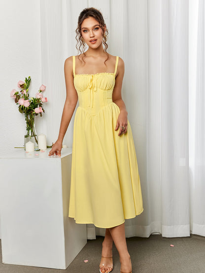 Lace Trim Tie Front Split Thigh Cami Dress