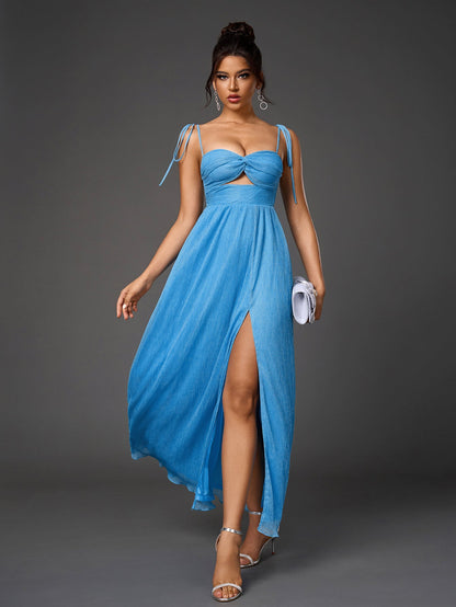 Lacing Strap Cut Out Glitter Maxi Dress