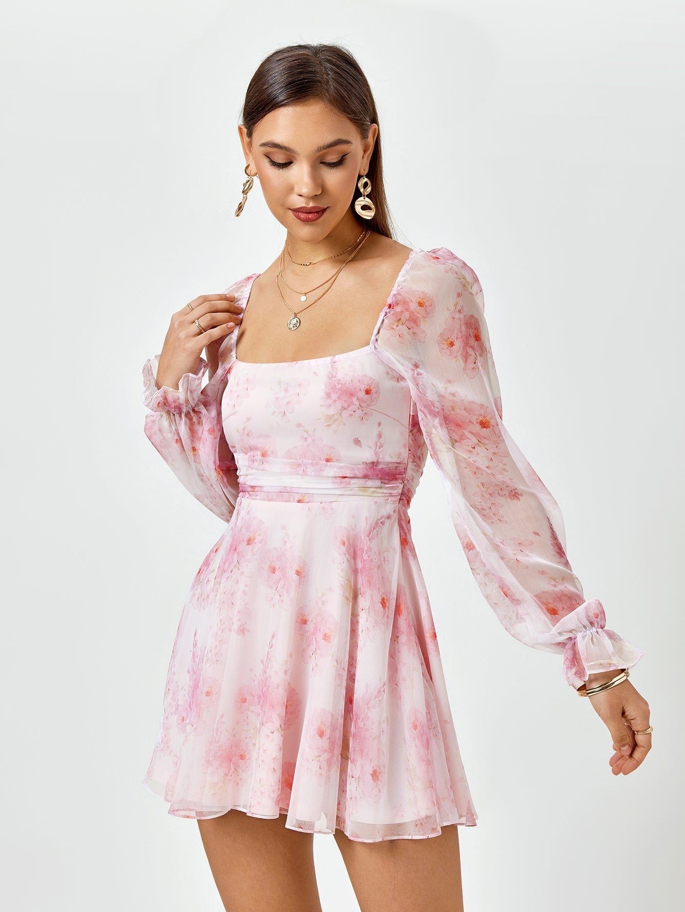 Lantern Sleeve Backless Floral Mini Dress