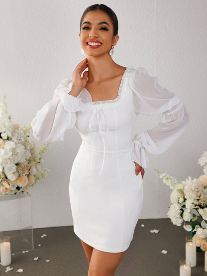 Lantern Sleeve Tie Front Backless Bodycon Dress