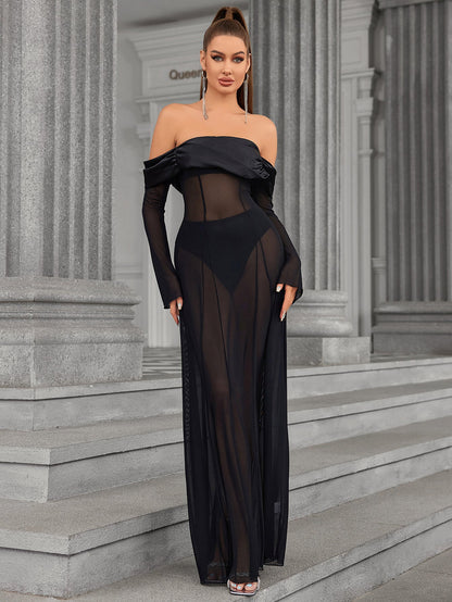 Long Sleeve Off Shoulder Satin Patchwork Mesh Dress