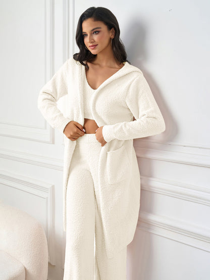 Long Sleeve Pocket Belted Hood Solid Sweater