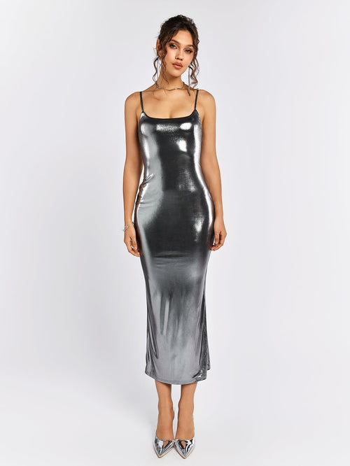 Misty Gold Metallic Fabric Bodycon Dress