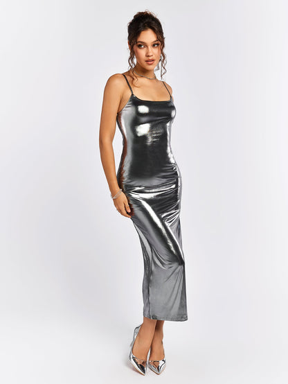 Misty Gold Metallic Fabric Bodycon Dress