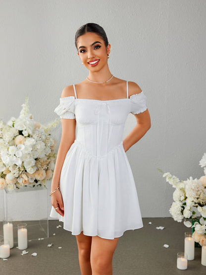 Off Shoulder Crisscross Tie Back Mini Dress