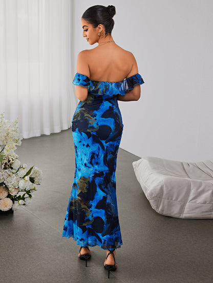 Off Shoulder Floral Mesh Mermaid Dress